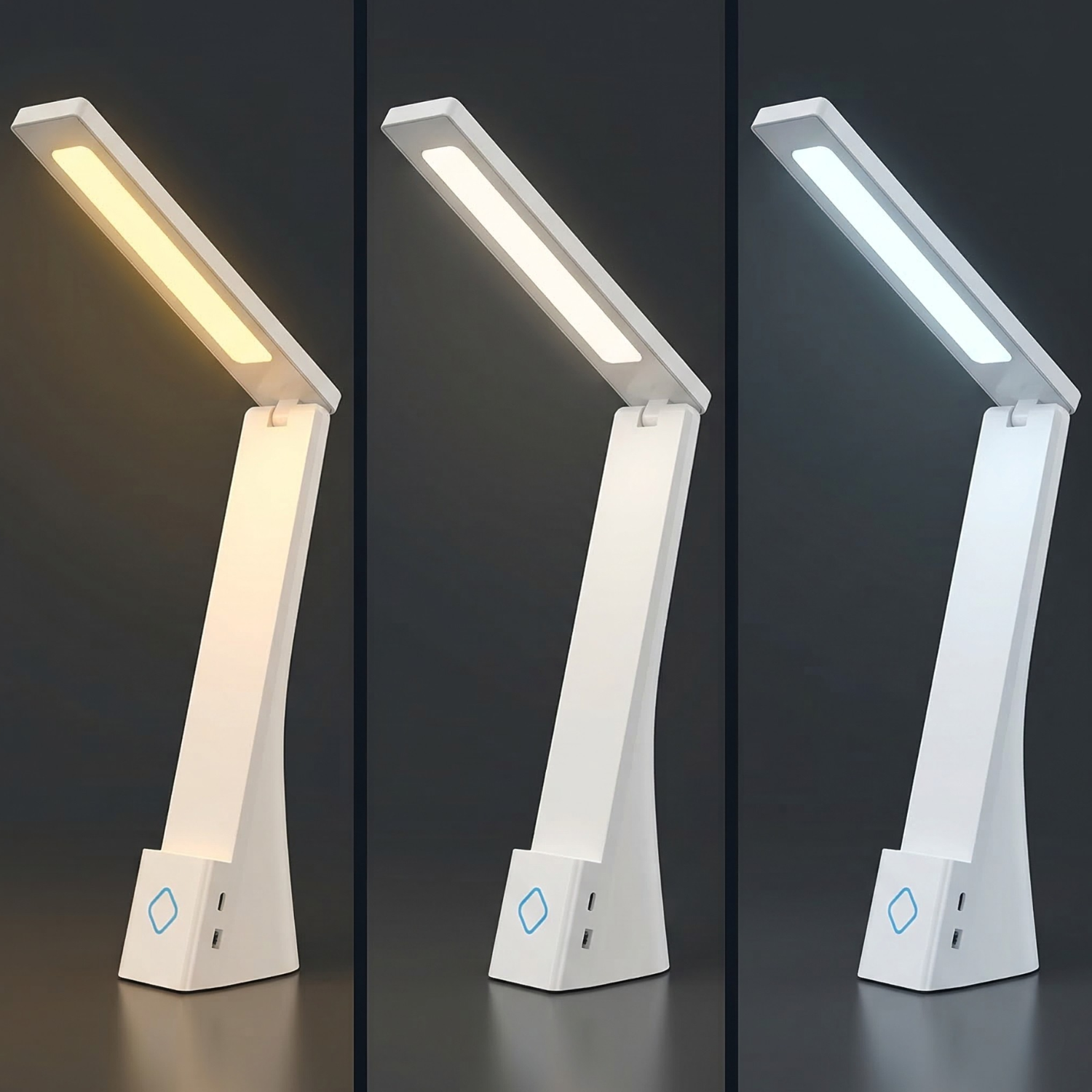 White LED desk lamp showing three light colors: warm, neutral and cool white glow