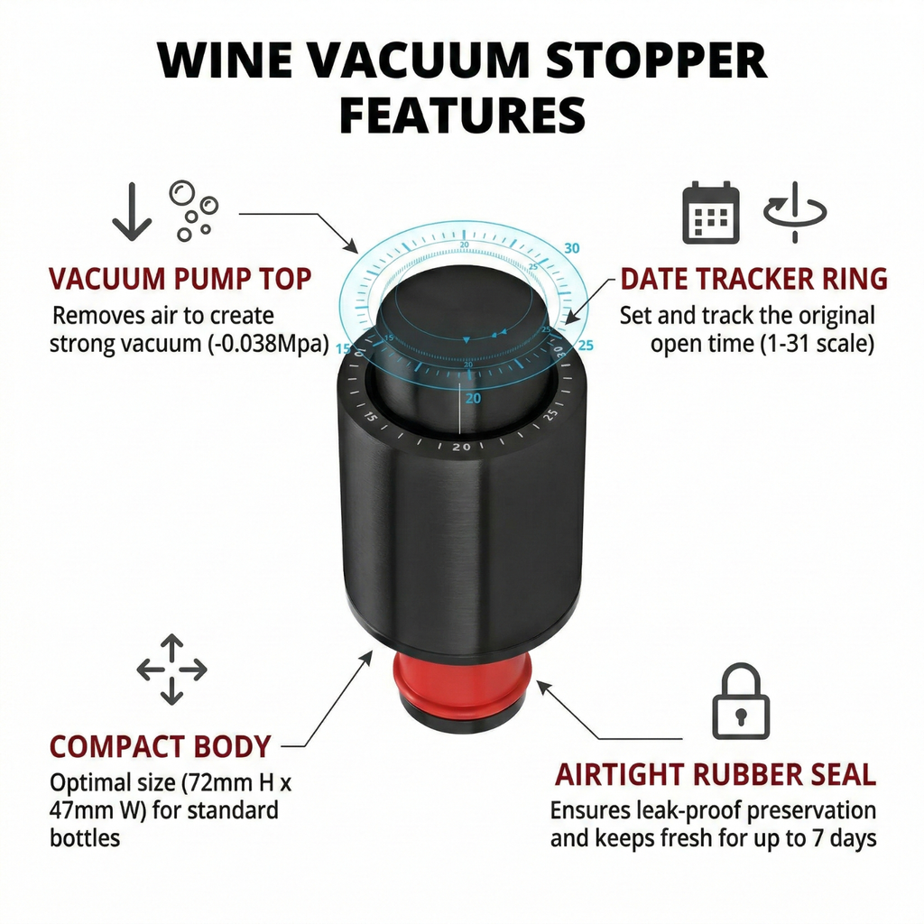 Black vacuum wine stopper with date tracker ring and vacuum pump top