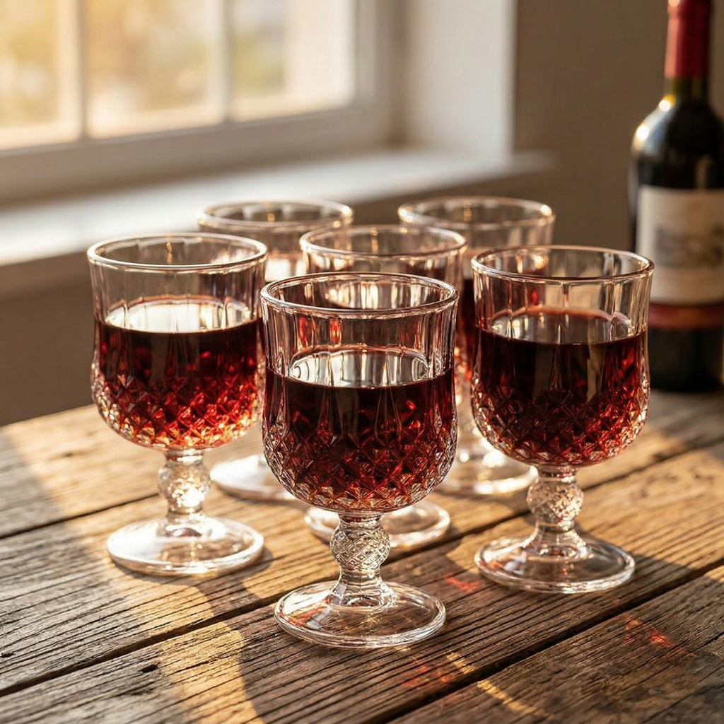 Crystal goblets set of 6, diamond-cut facets with red drink, stemmed base