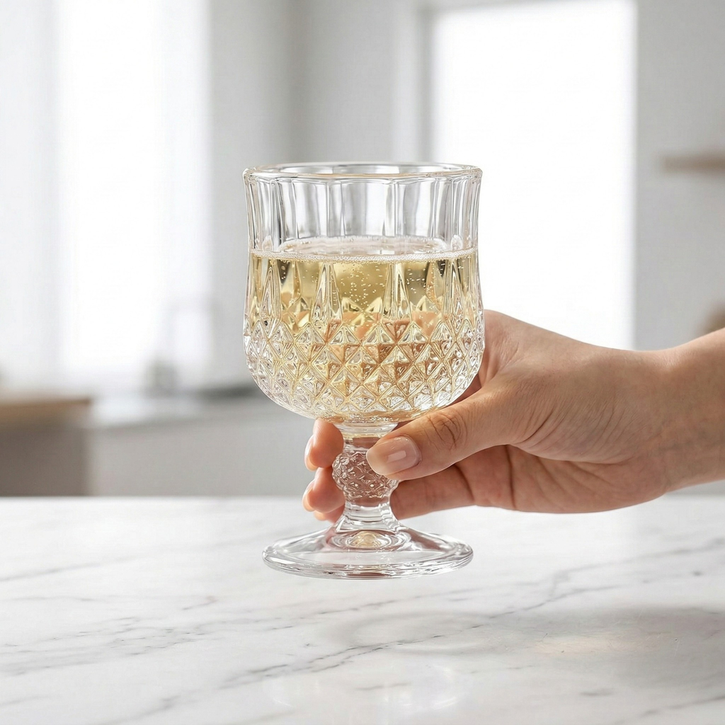 Stemmed crystal goblet with diamond-cut pattern, held by hand