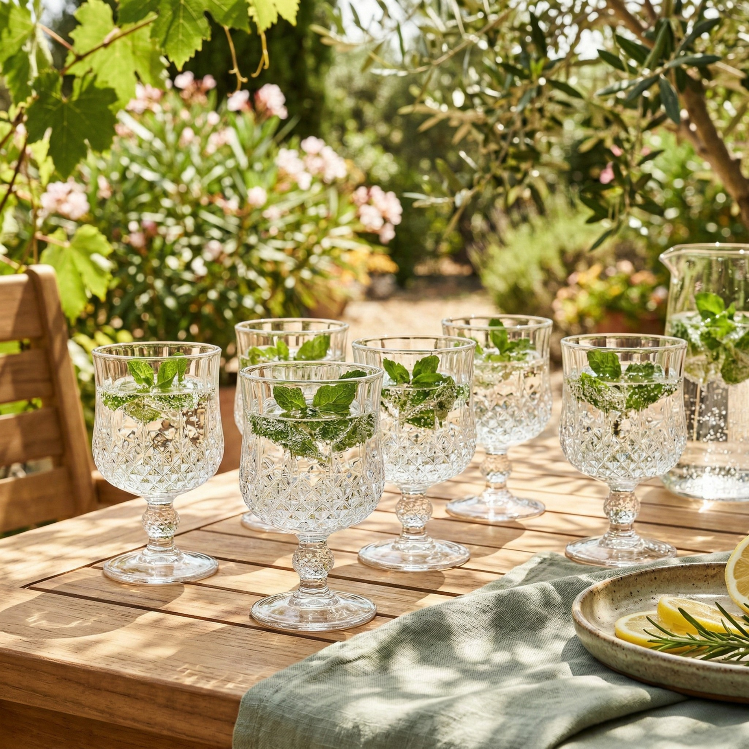 Set of crystal goblets with diamond-cut pattern, filled with green garnish