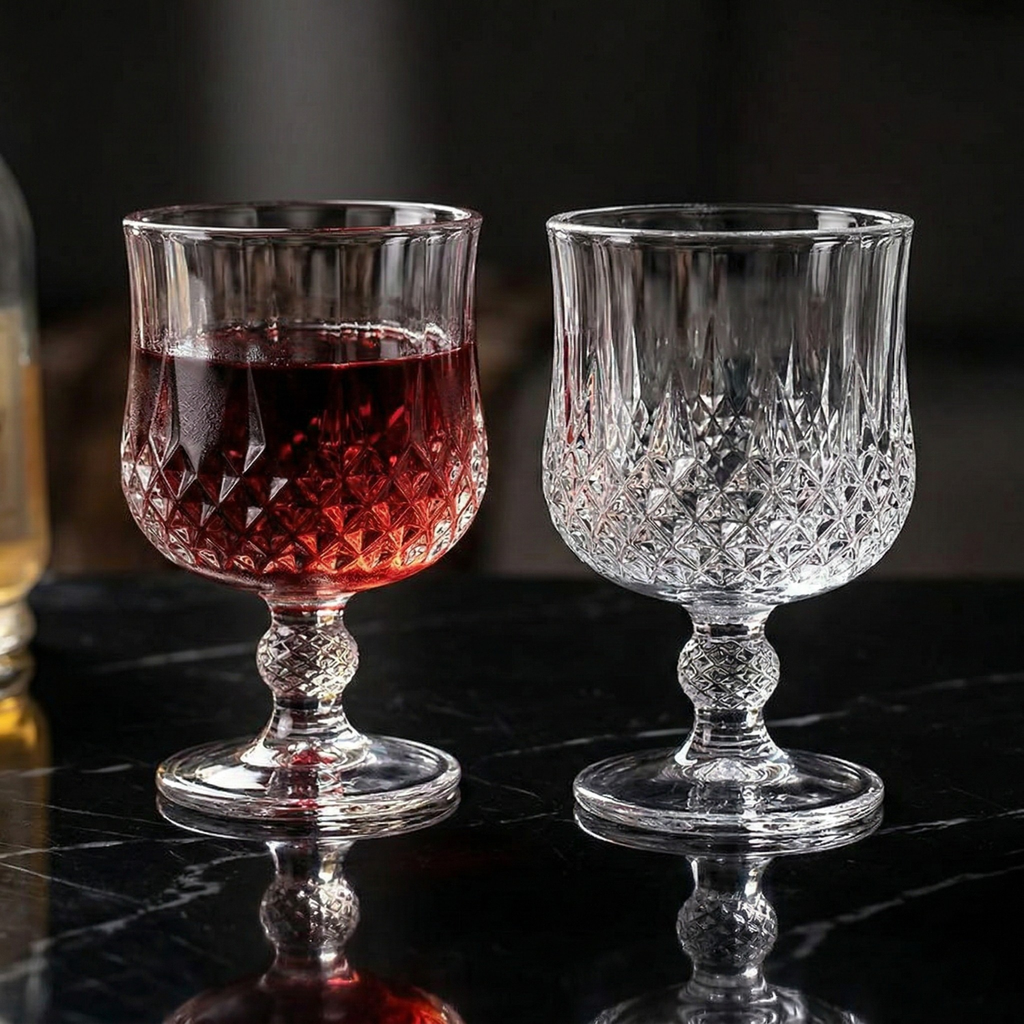 Two crystal goblets: one with red drink, one clear, diamond-cut pattern