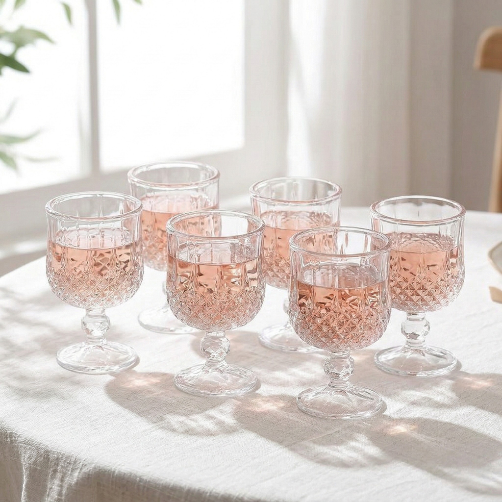 Set of 6 crystal goblets with diamond-cut faceted bowl and stem