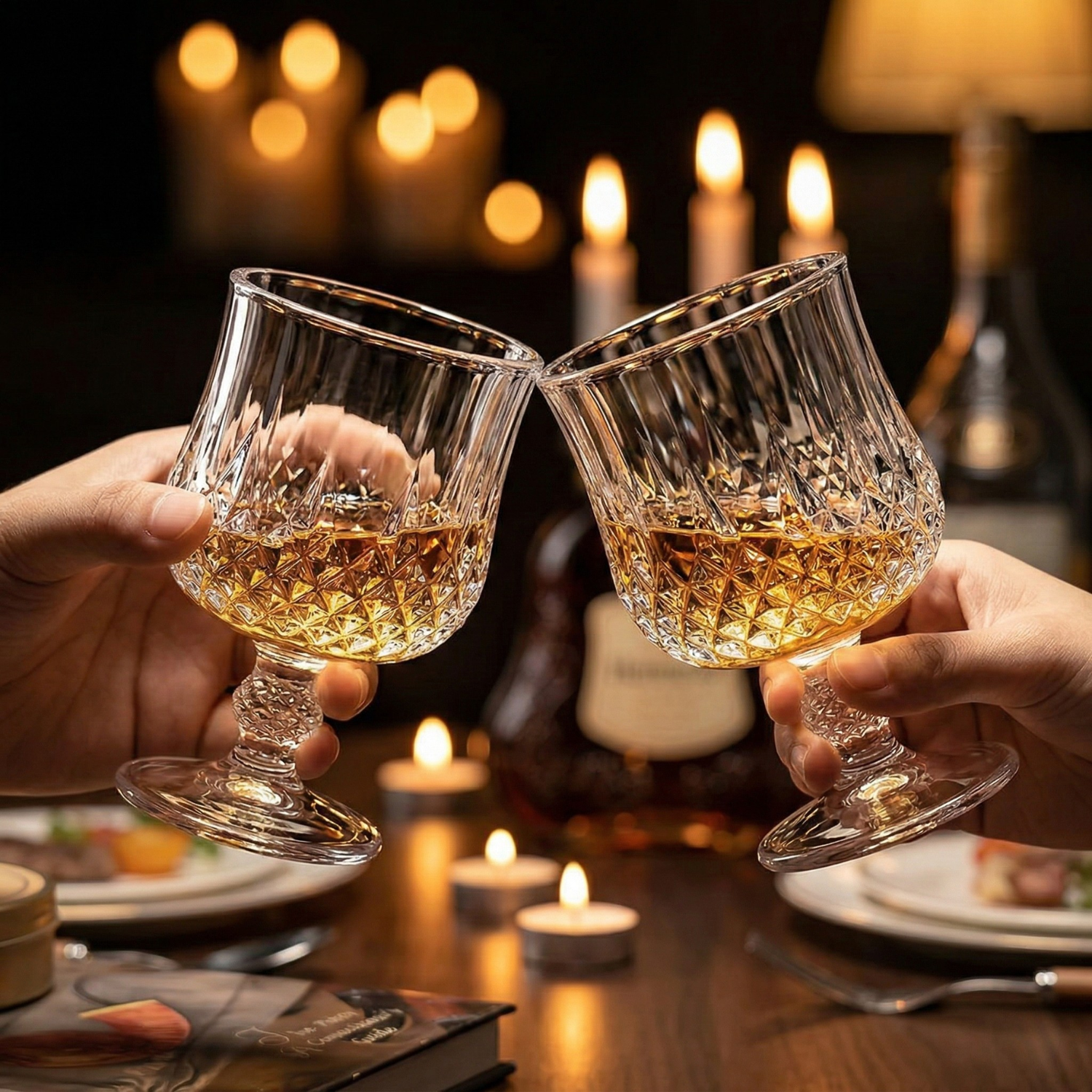 Two crystal goblets with diamond-cut facets, amber drink, held together