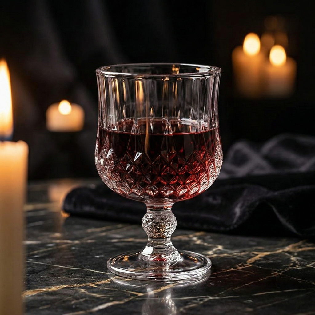 Single stemmed crystal goblet with diamond-cut facets and red drink
