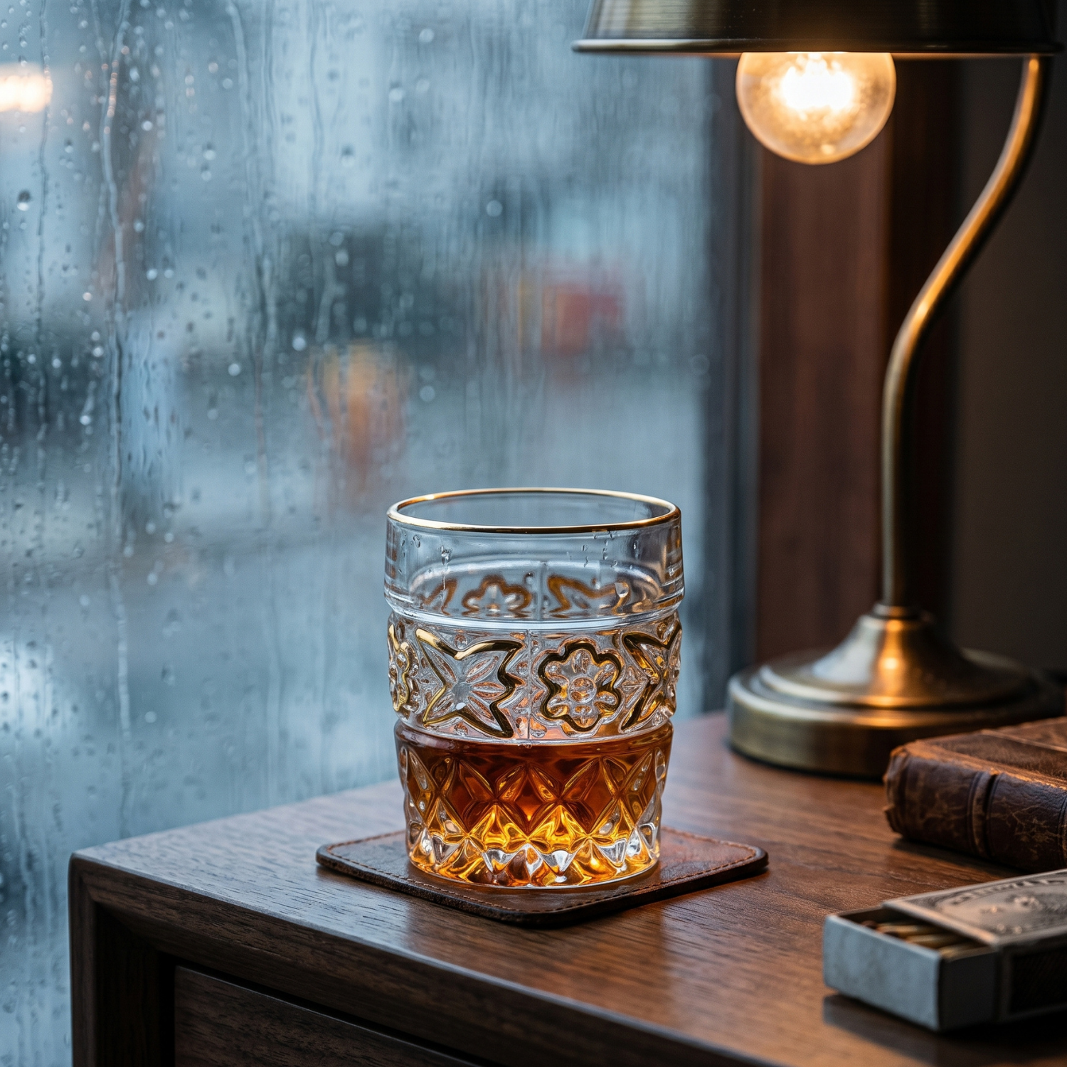 Embossed crystal tumbler with gold rim, amber liquid, floral medallion and diamond base