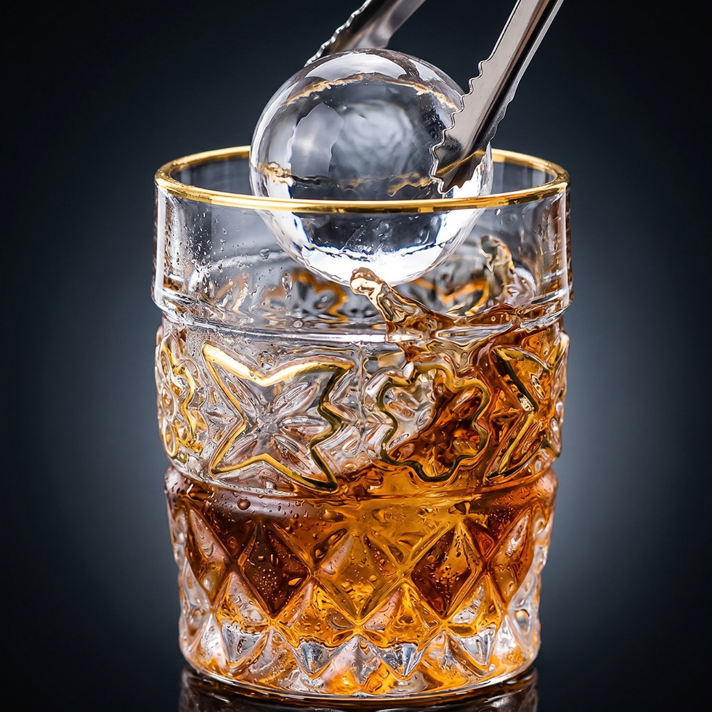 Amber crystal tumbler with gold rim and floral embossed bands, with ice scoop above