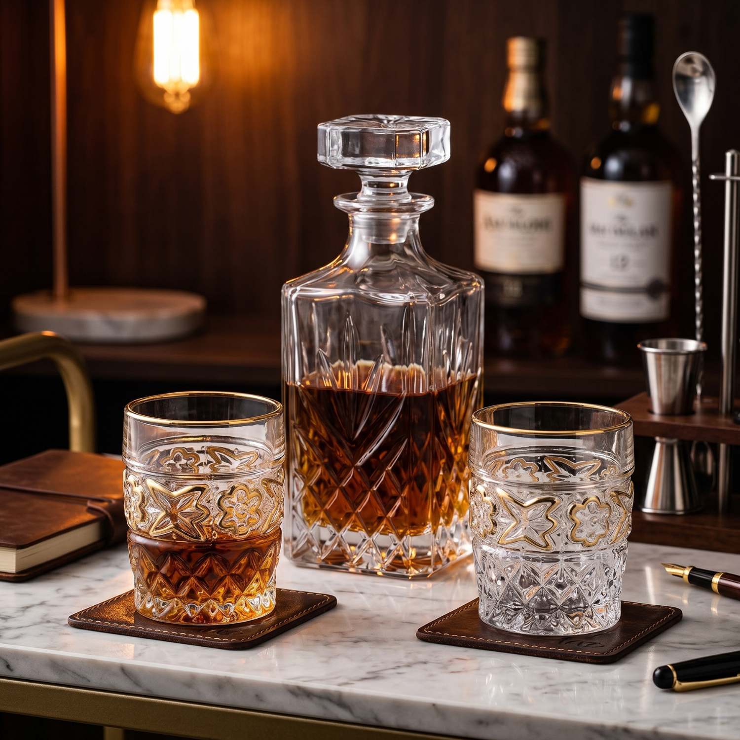 Vintage embossed whiskey tumbler with gold rim, faceted crystal base, 200ml