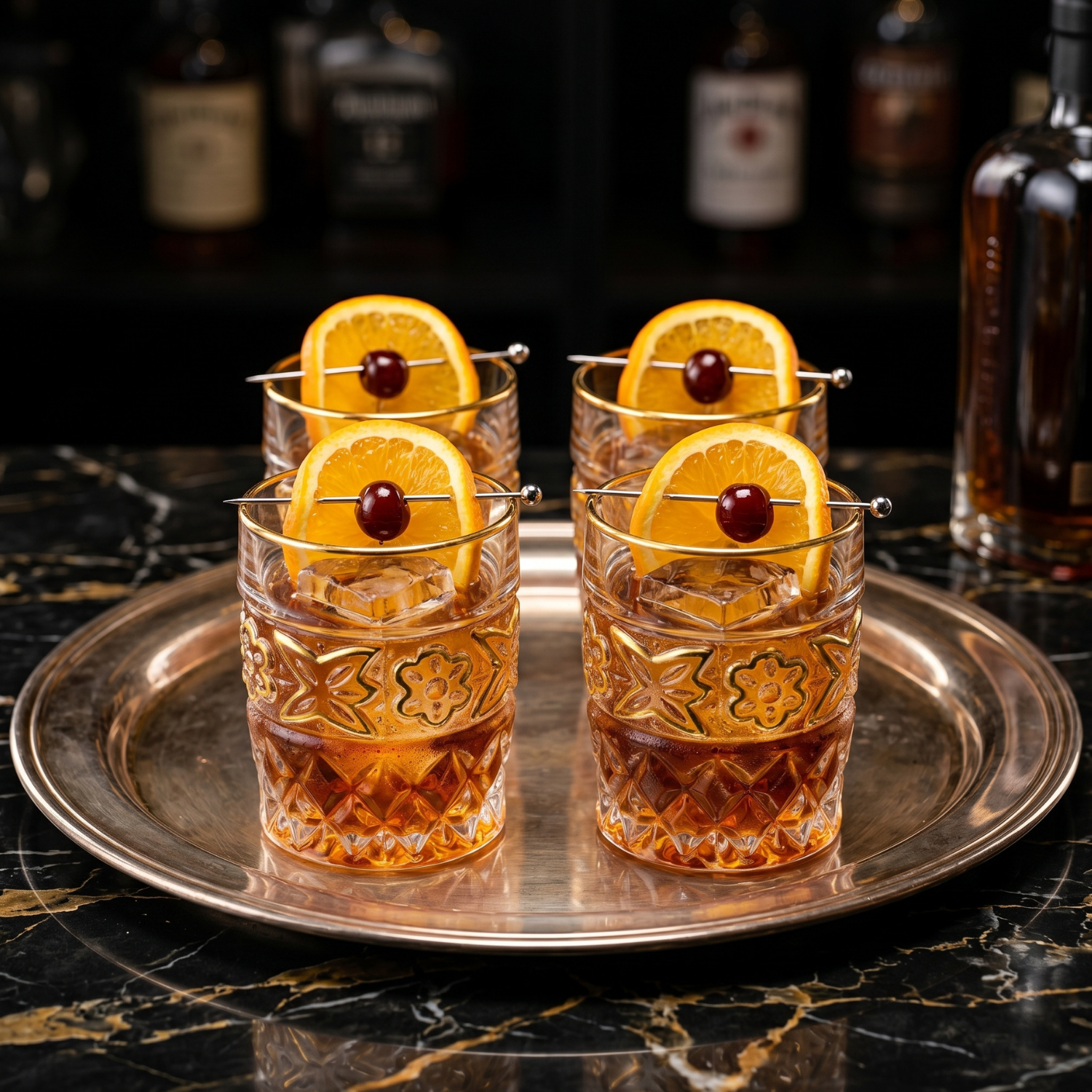 Amber crystal tumbler with gold rim and floral embossing, topped with orange slice