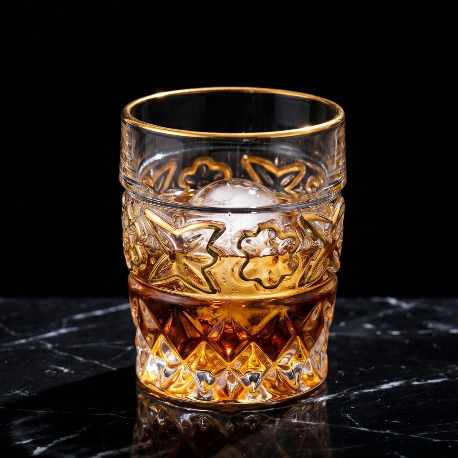 Vintage floral embossed whiskey tumbler with gold rim, amber crystal glass, 200ml