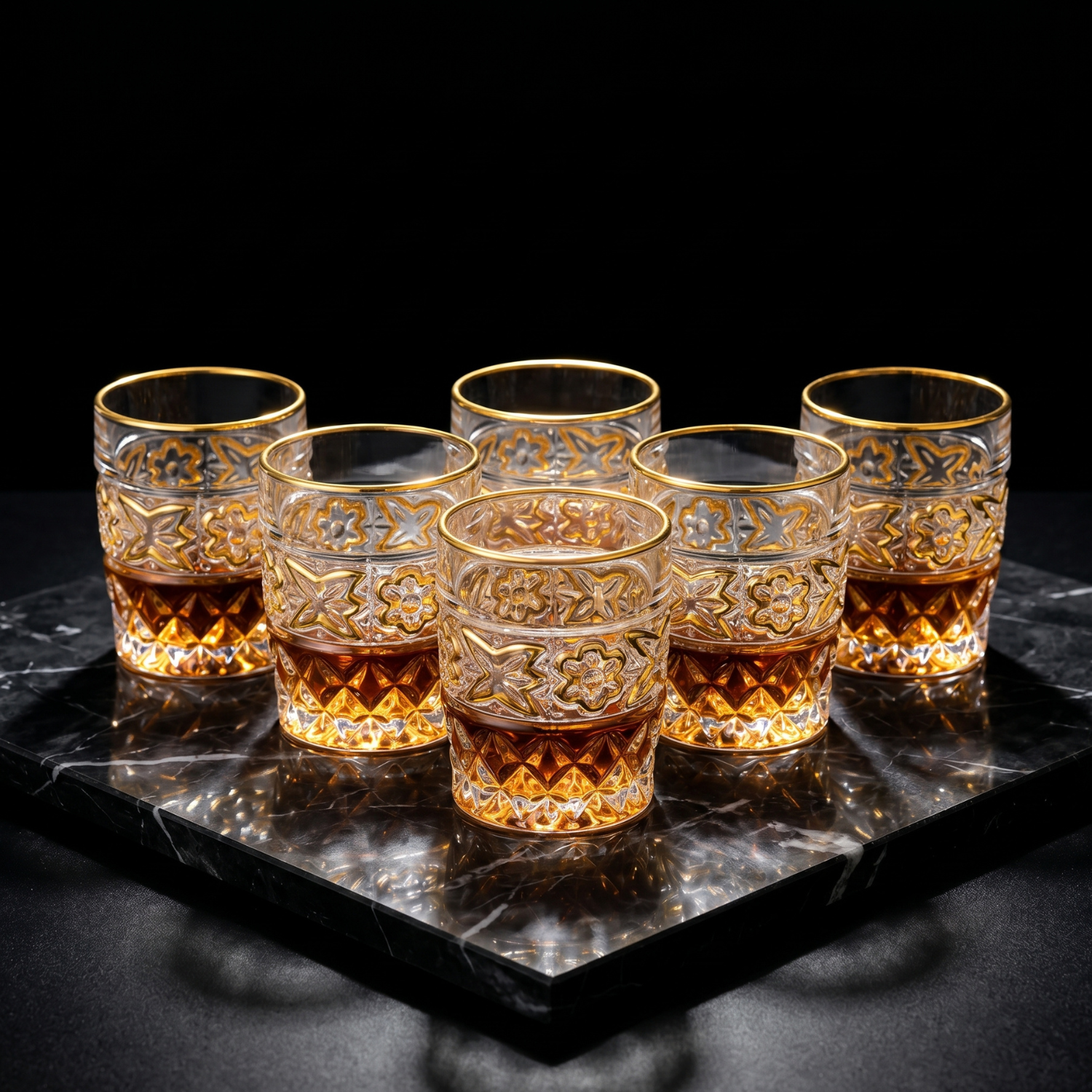 Set of 6 vintage crystal tumblers with gold rims, amber tones, floral embossing