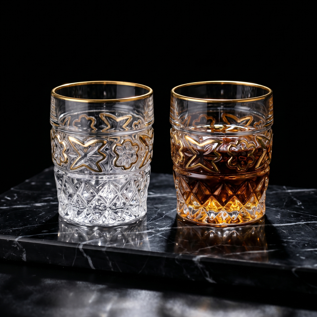 Embossed tumblers with gold rim—one clear, one amber crystal, 200ml