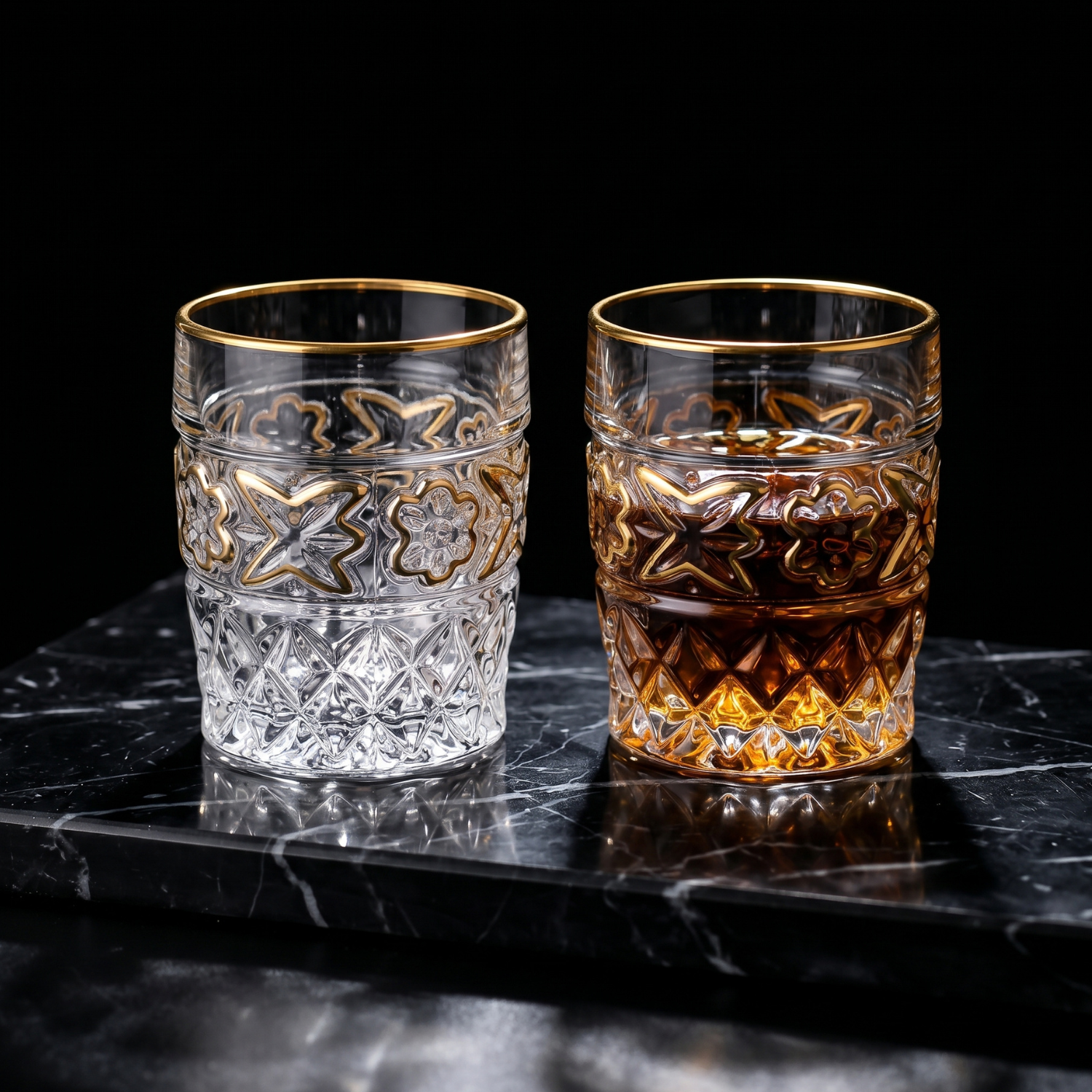 Embossed tumblers with gold rim—one clear, one amber crystal, 200ml
