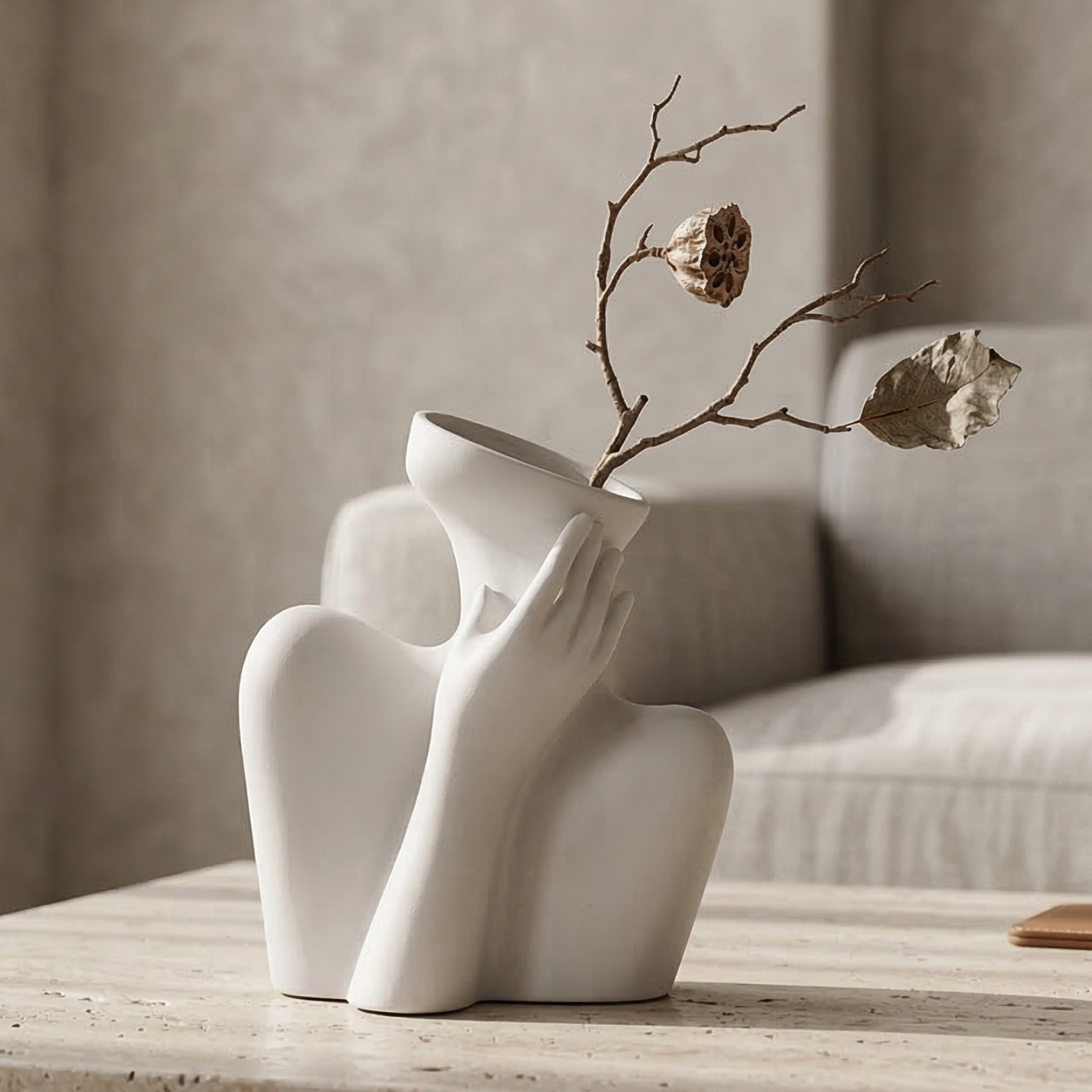 Wabi-Sabi Ceramic Human Form Vase – Sculptural Hand-on-Face Art Vase (Black or White)