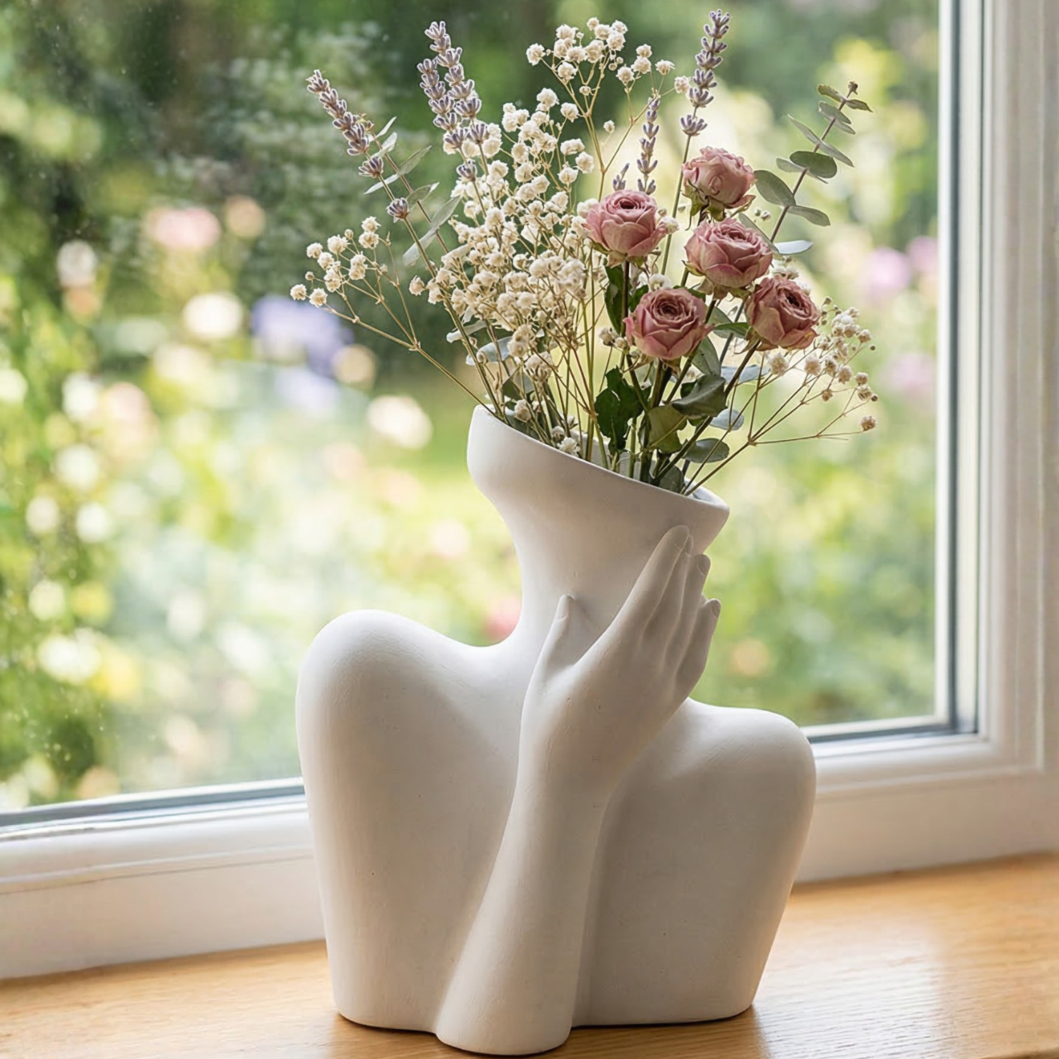 Wabi-Sabi Ceramic Human Form Vase – Sculptural Hand-on-Face Art Vase (Black or White)