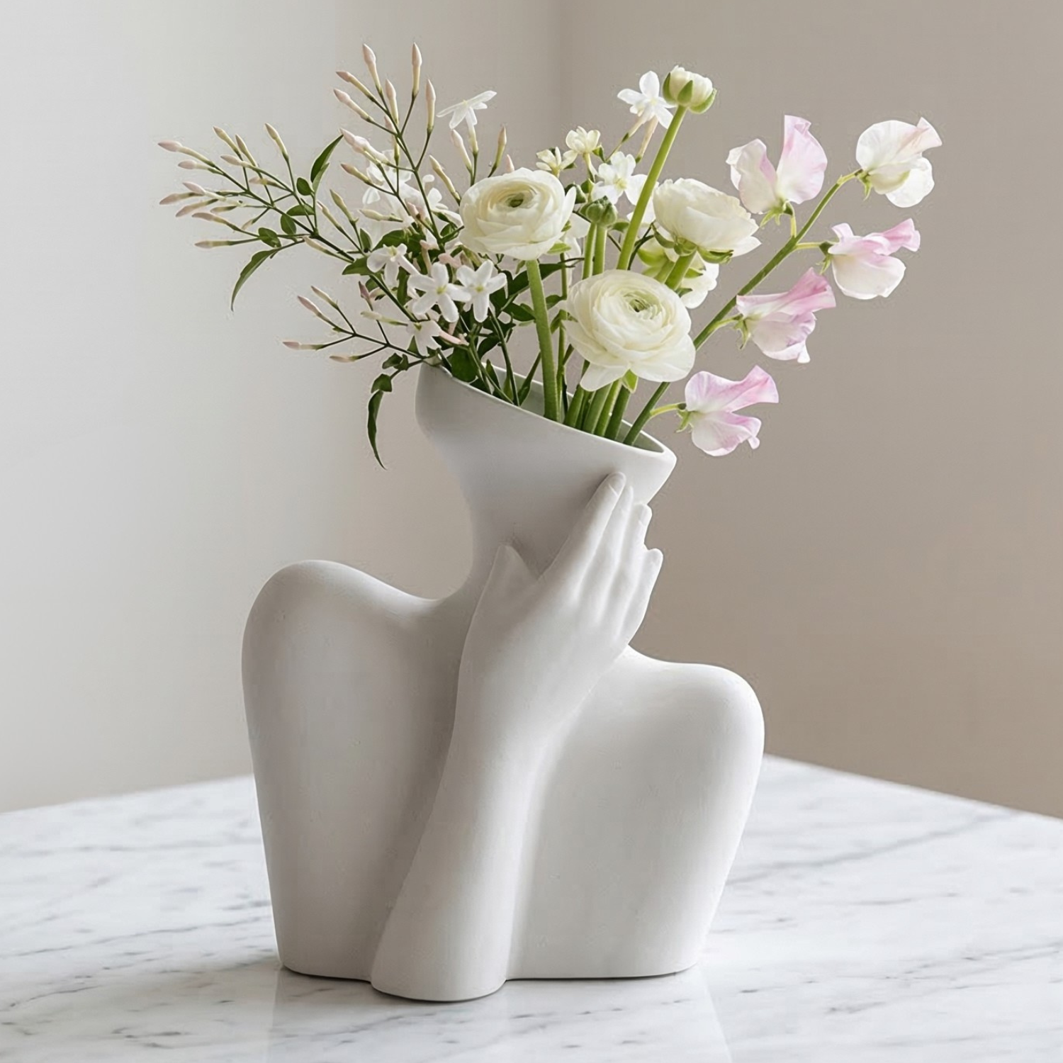 Wabi-Sabi Ceramic Human Form Vase – Sculptural Hand-on-Face Art Vase (Black or White)