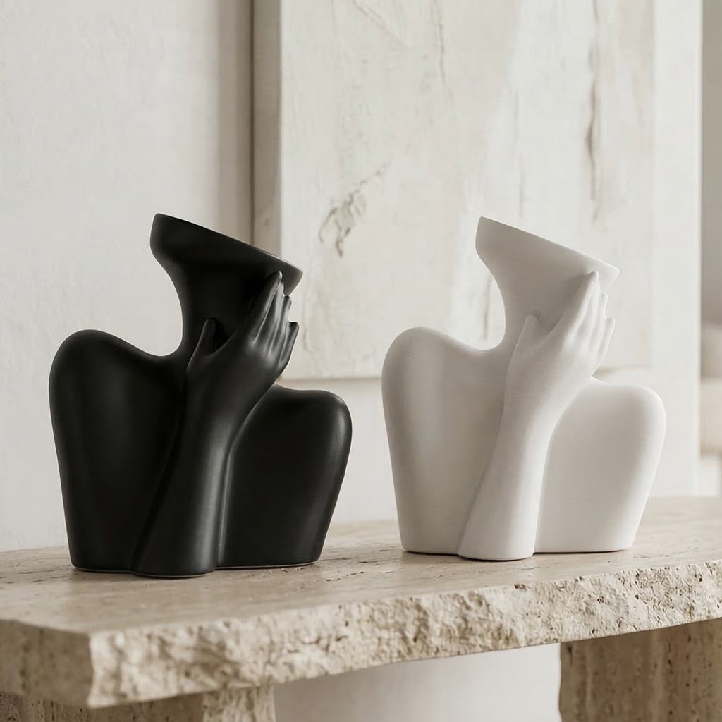 Black and white ceramic human-form vases, each with hand-on-face cheek design
