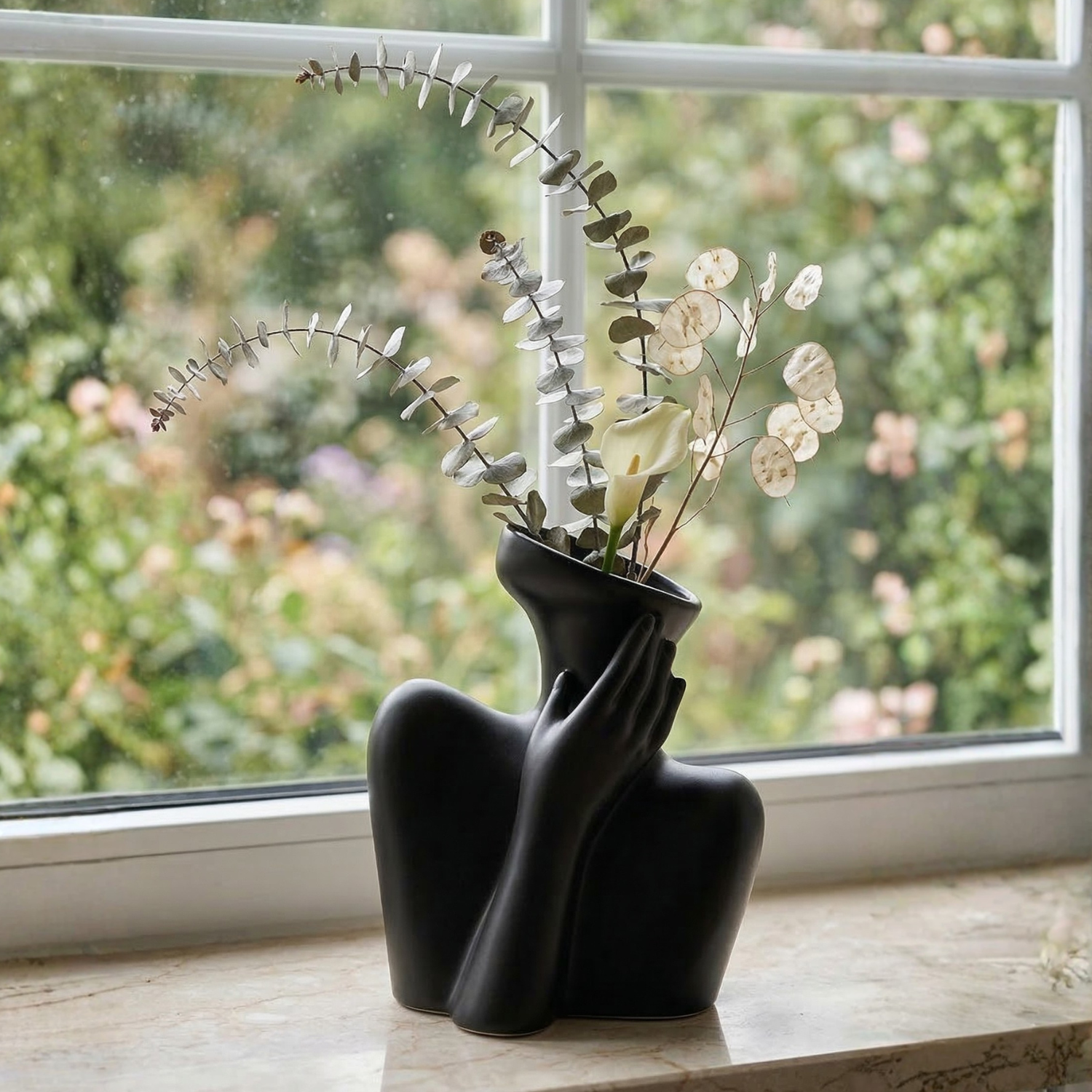 Wabi-Sabi Ceramic Human Form Vase – Sculptural Hand-on-Face Art Vase (Black or White)