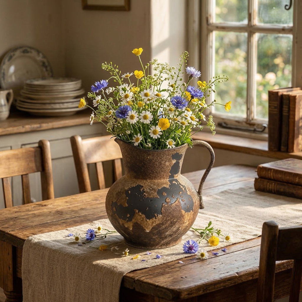 Ceramic pitcher vase with mottled speckled glaze, filled with mixed wildflowers