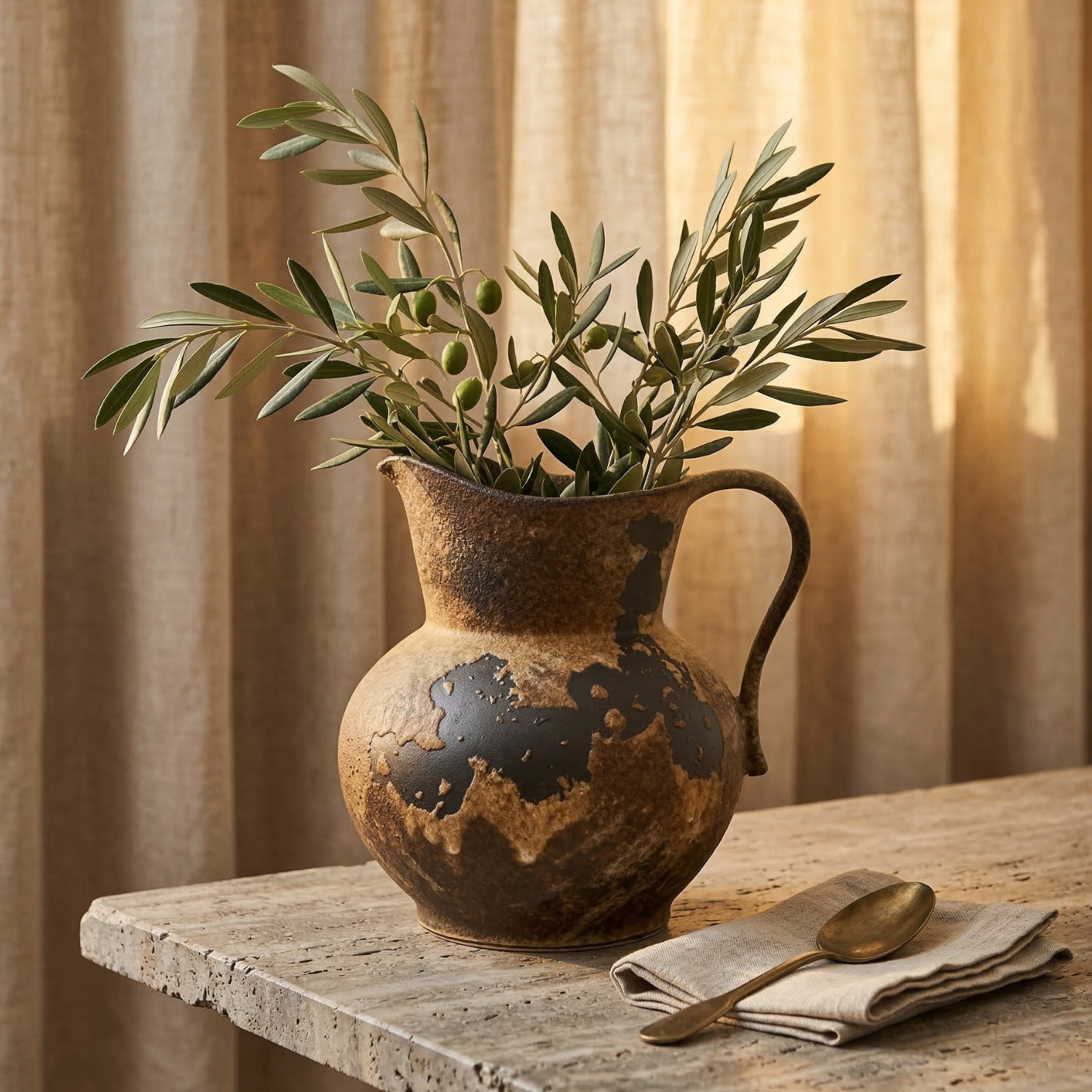 Wabi-Sabi Ceramic Pitcher Vase – Rustic Japanese Style Pottery Decor for Living Room & Dining Table Japandi Decor