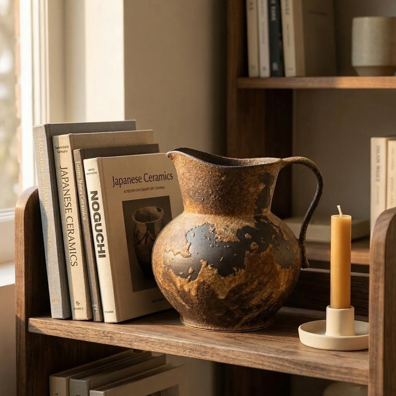 Wabi-Sabi Ceramic Pitcher Vase – Rustic Japanese Style Pottery Decor for Living Room & Dining Table Japandi Decor