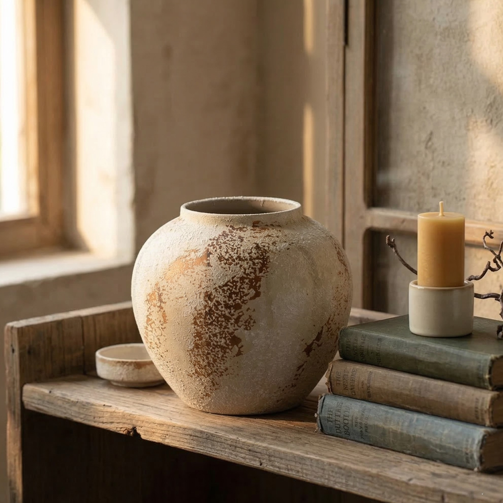 Ceramic vase, small round, cream with rust-brown speckled glaze and rim