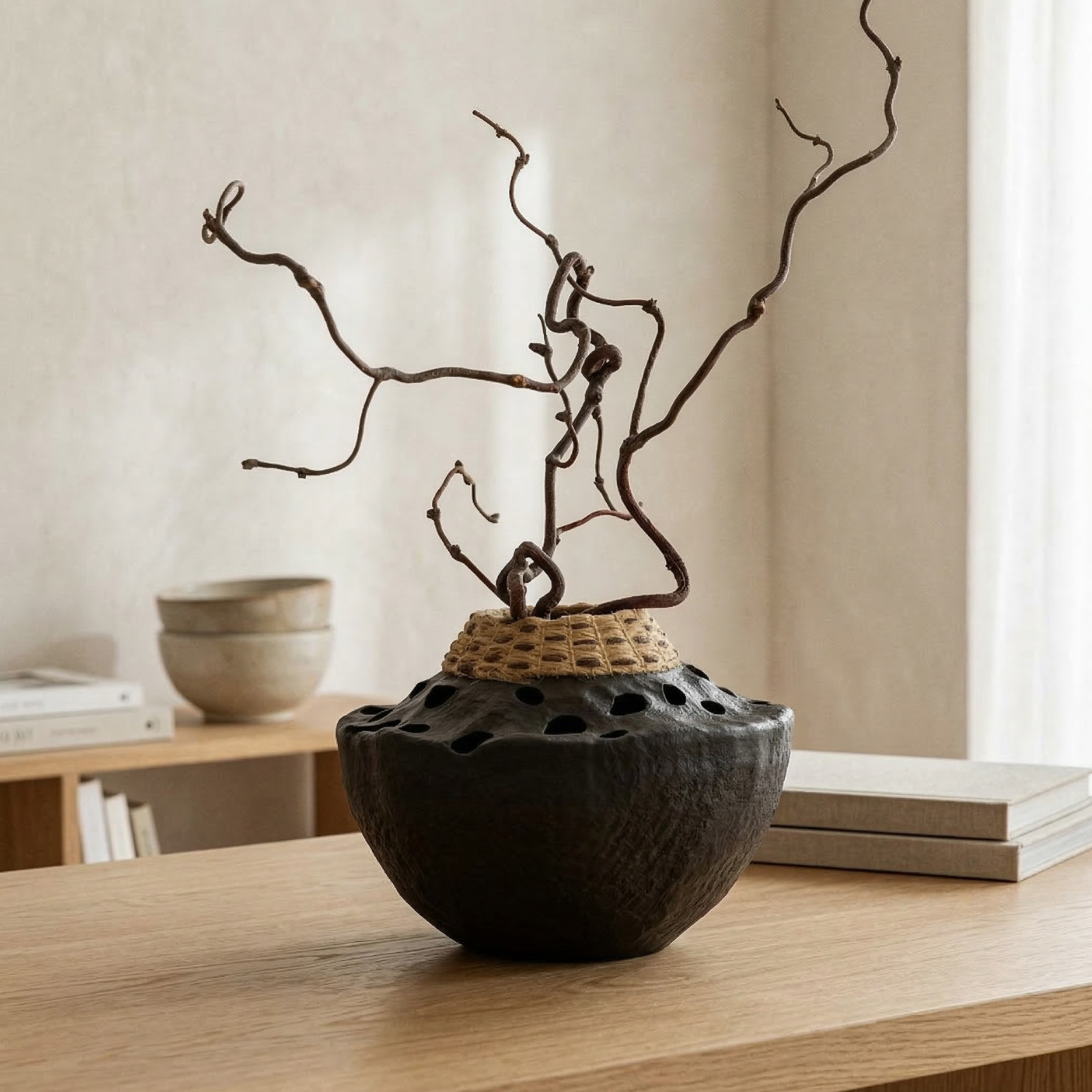 Decorative black vase with twisted branches on a wooden surface