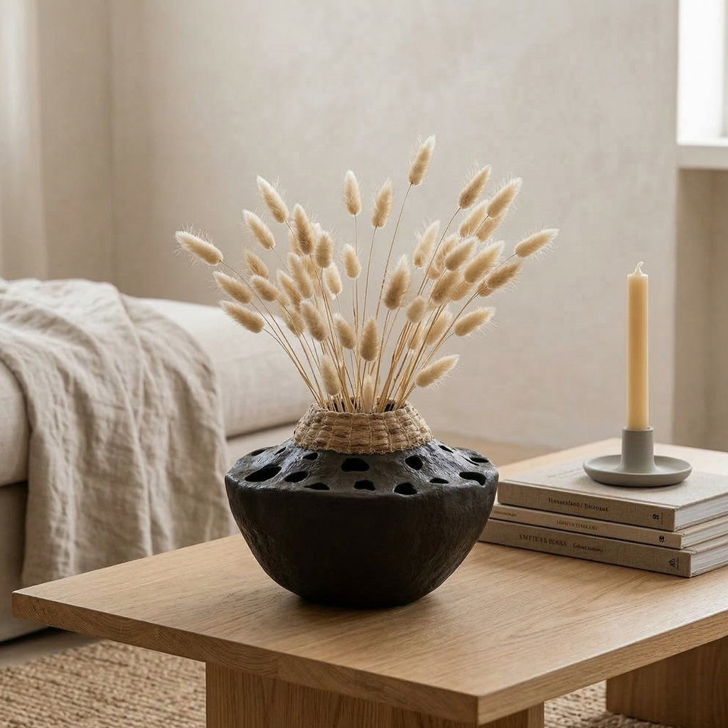 Decorative black vase with dried plants on a wooden coffee table in a living room.