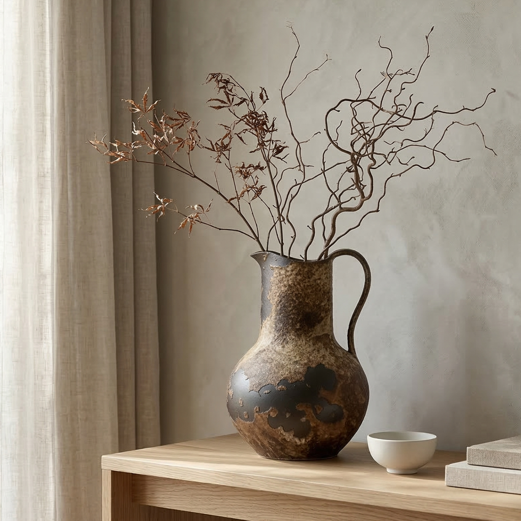 Ceramic pitcher vase with curved handle, mottled speckled glaze, holding dried stems