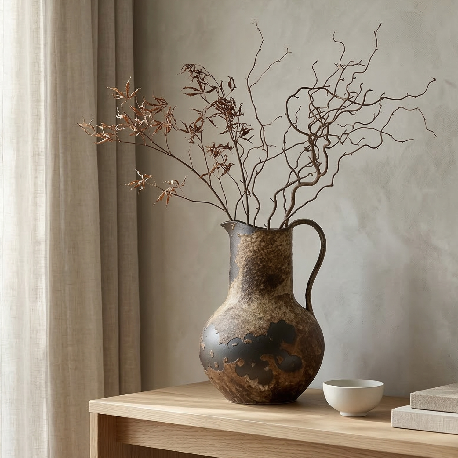 Wabi-Sabi Ceramic Pitcher Vase – Rustic Japanese Style Pottery Decor for Living Room & Dining Table Japandi Decor