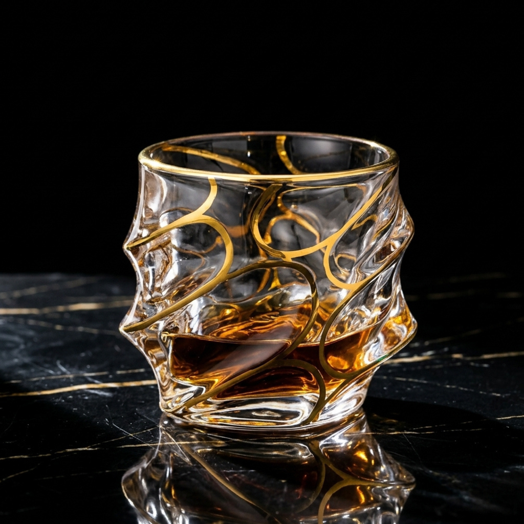 Crystal whiskey tumbler with gold rim and wave-style carved texture