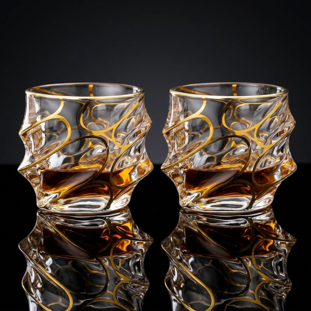 Pair of crystal whiskey tumblers with gold rim and flowing wave carvings