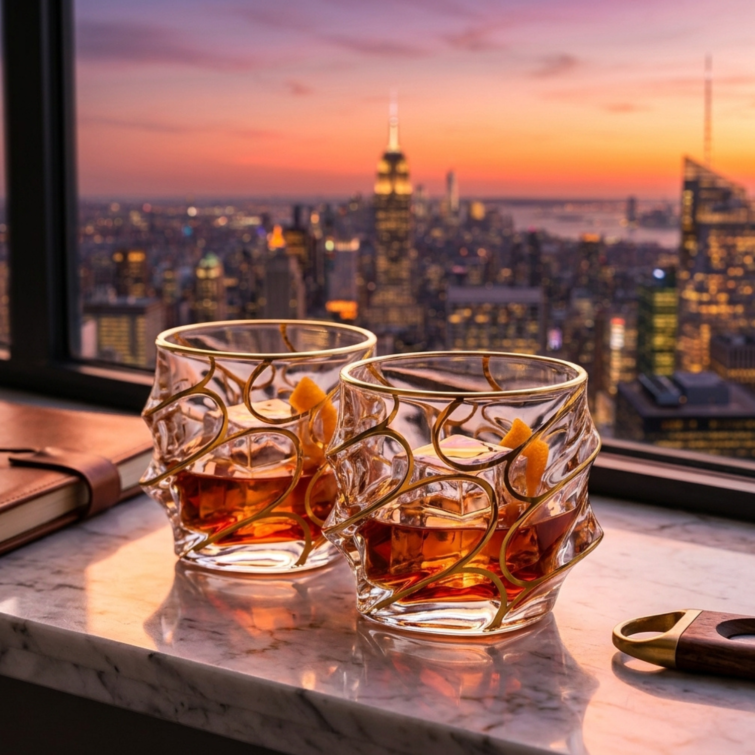 Set of crystal whiskey tumblers with gold rim and sculpted wave pattern