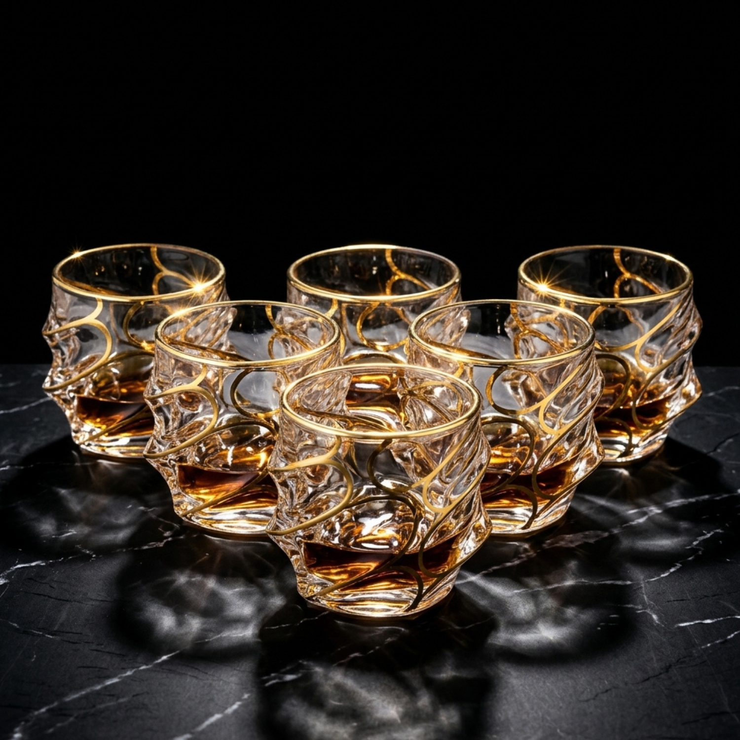 Cluster of crystal whiskey tumblers with gold rim and sculpted wave design