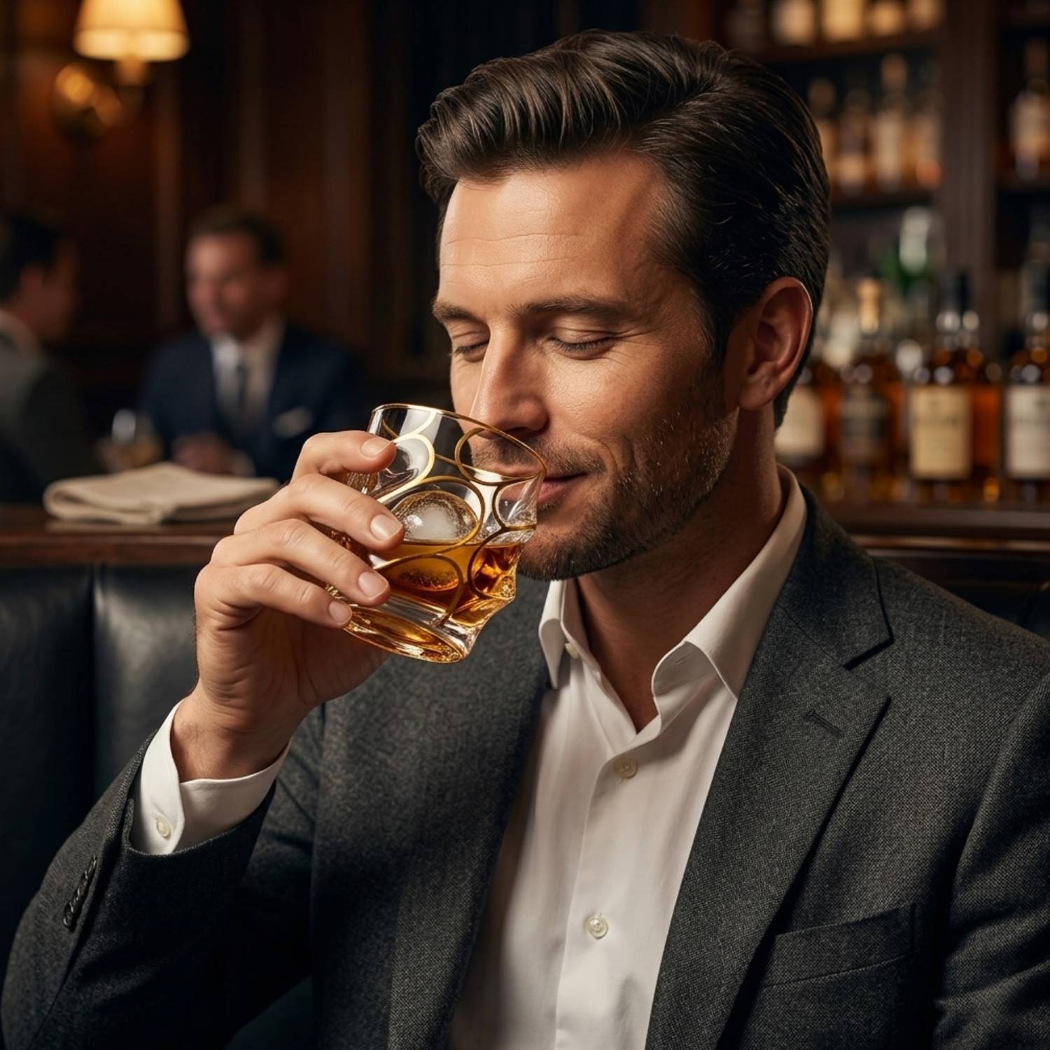 Sun Lake Supply wave crystal whiskey tumbler with gold rim, filled with amber drink