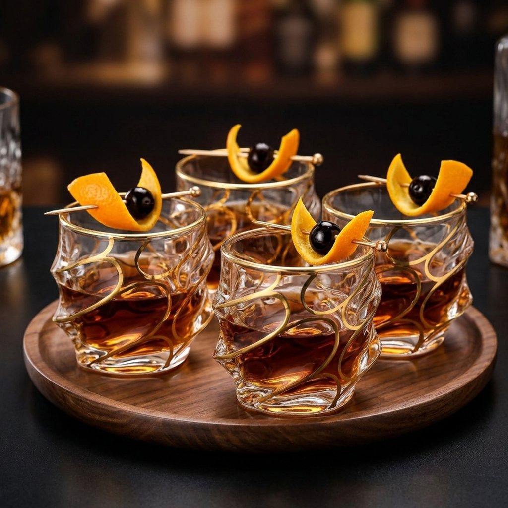 Wave crystal whiskey tumbler set, gold rim, sculpted wave pattern