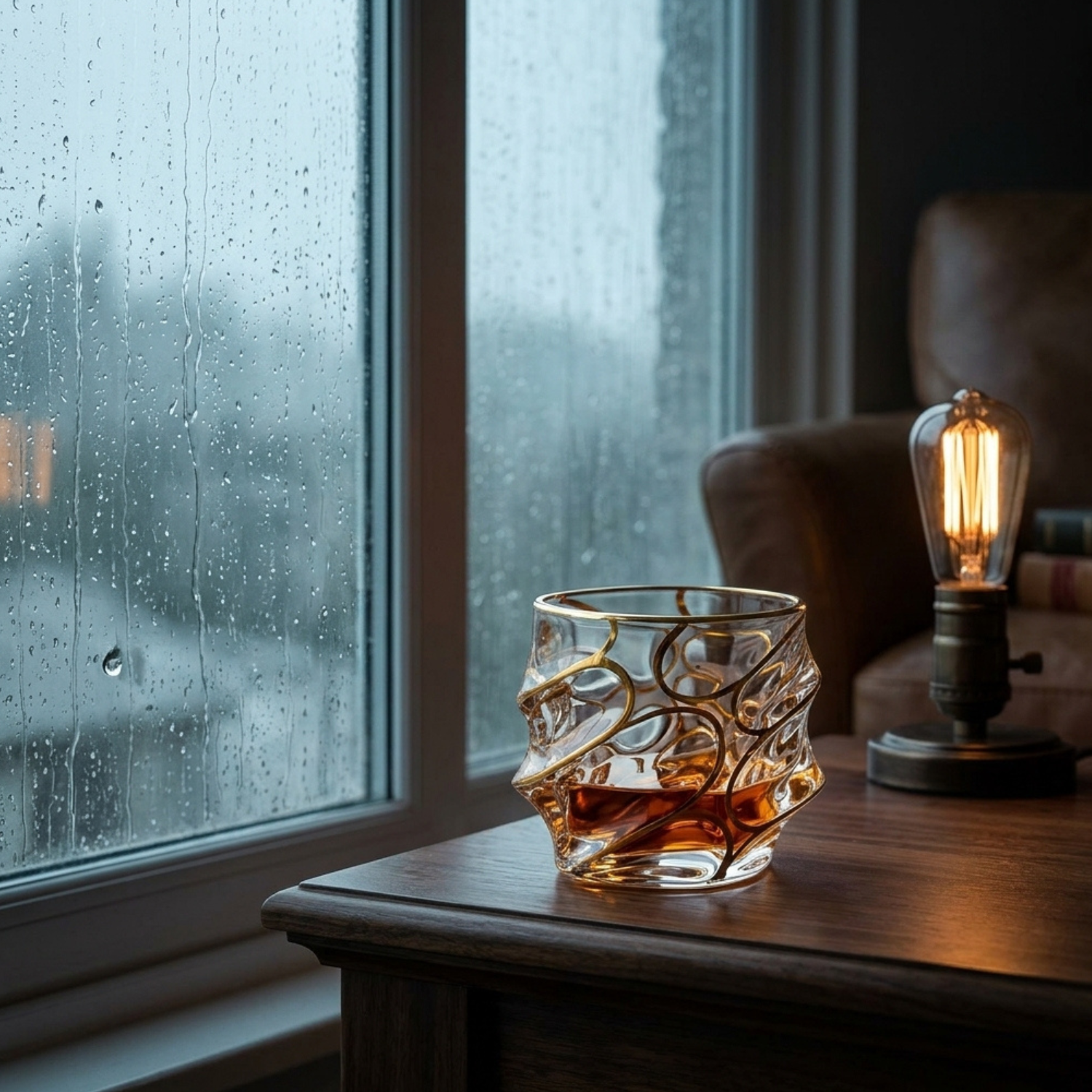Single crystal whiskey tumbler with gold rim and sculpted wave pattern