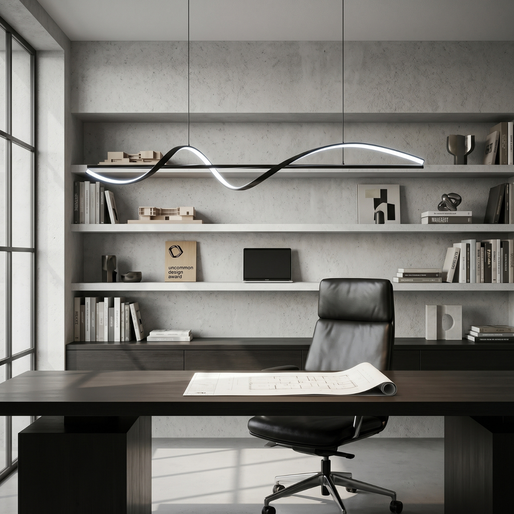 Black linear wave LED pendant light with glowing curved wave profile
