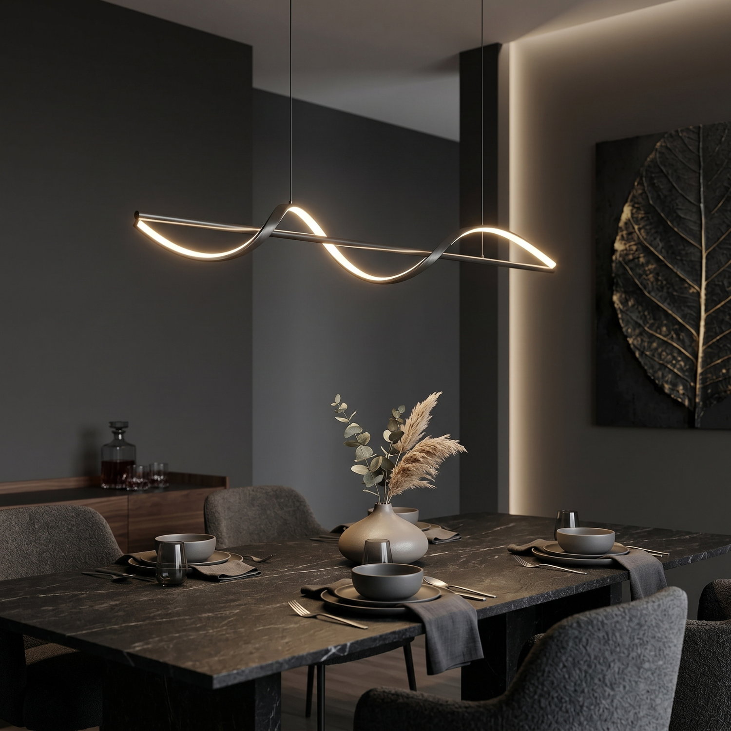 Wave LED Pendant Light | Modern Black Linear Chandelier | Dimmable Dining Room Island Light | Minimalist Sculptural Hanging Light Fixture