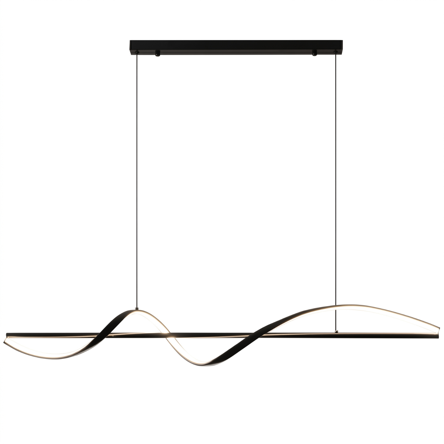 Black wave LED pendant chandelier, long linear bar with integrated LED glow