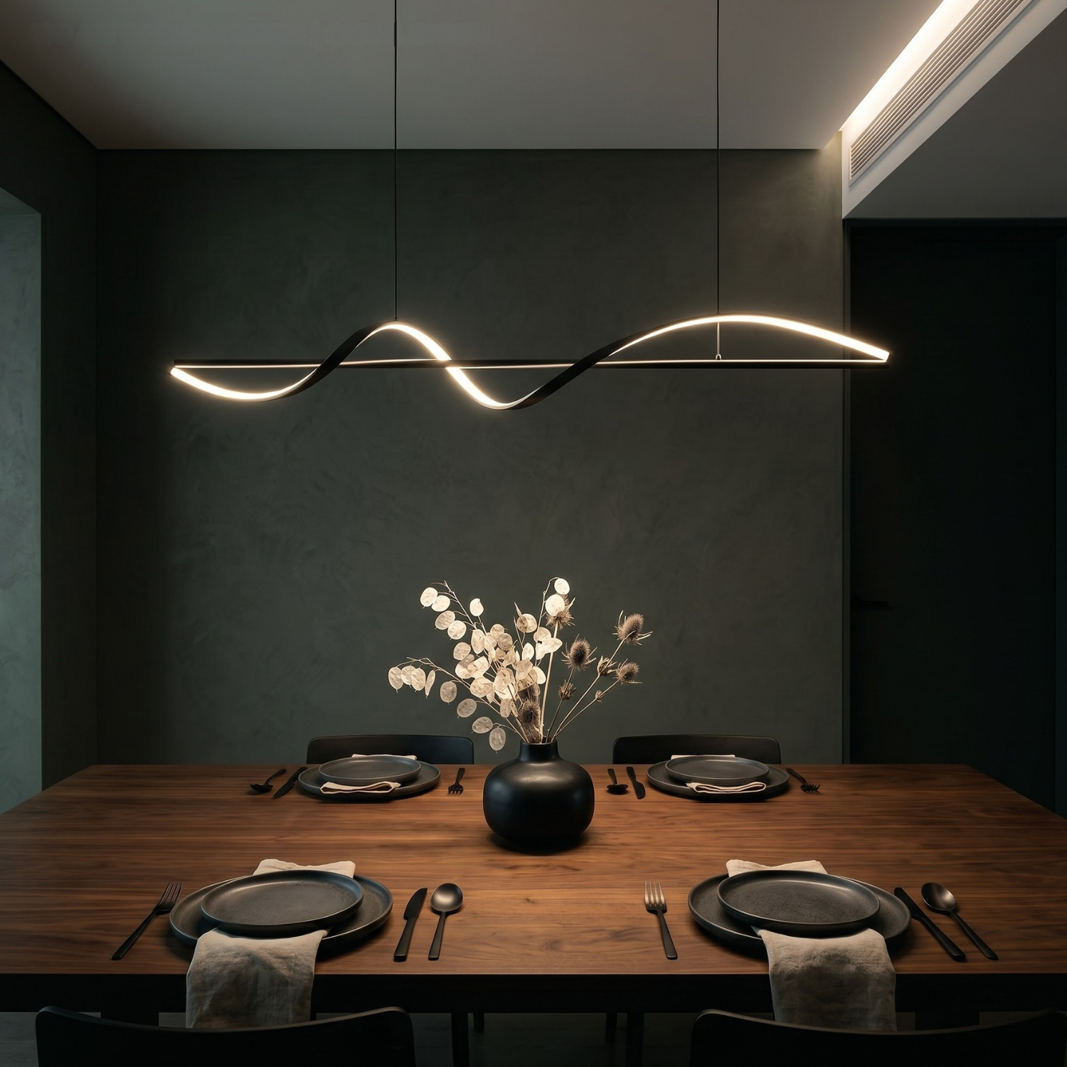 Wave LED Pendant Light | Modern Black Linear Chandelier | Dimmable Dining Room Island Light | Minimalist Sculptural Hanging Light Fixture