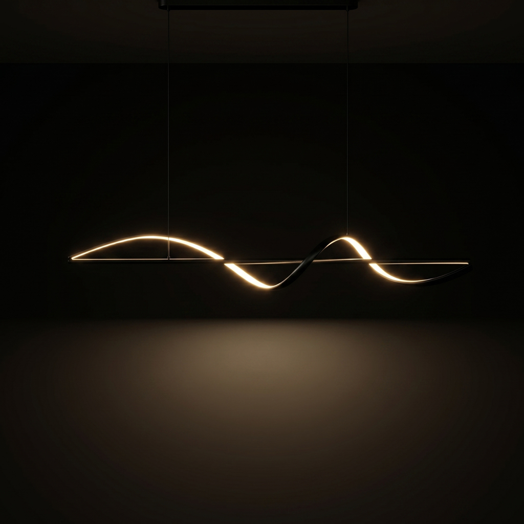 Black wave LED pendant chandelier with continuous curved light ribbon