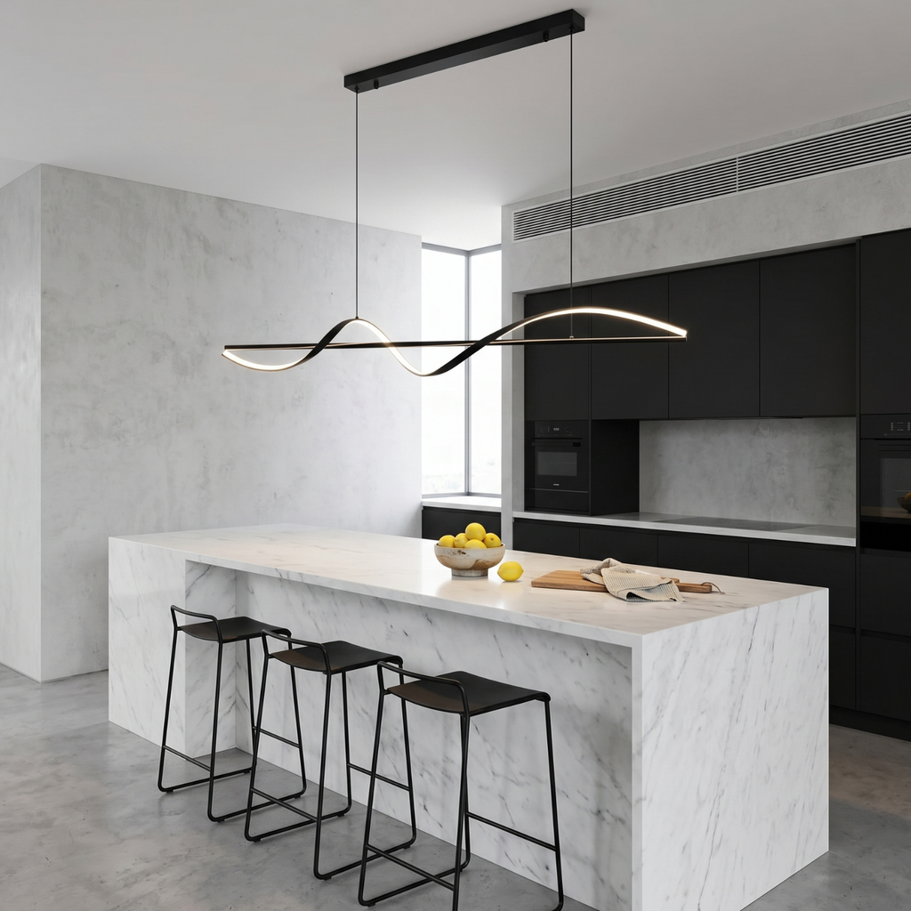 Black wave LED pendant over kitchen island, sculptural wavy linear fixture