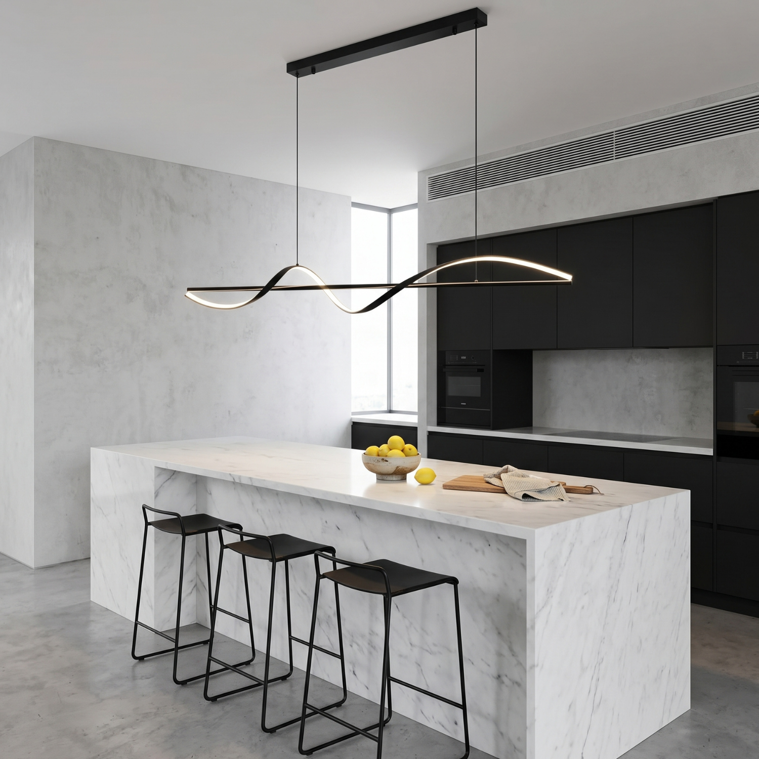 Wave LED Pendant Light | Modern Black Linear Chandelier | Dimmable Dining Room Island Light | Minimalist Sculptural Hanging Light Fixture