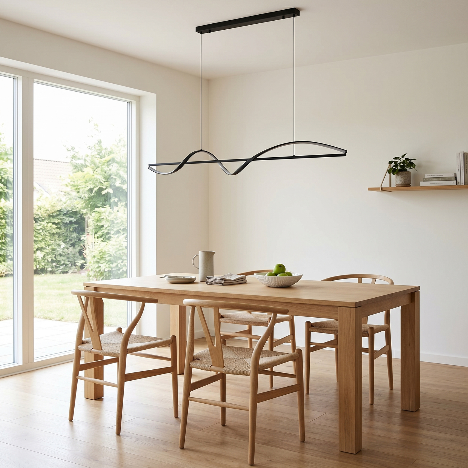 Black wave LED pendant light with two curved bars and warm illumination