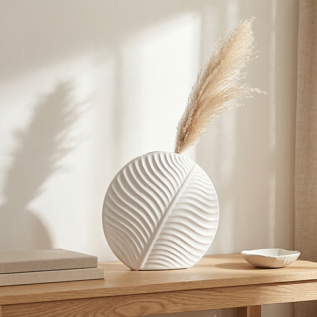 White textured vase on a wooden surface with a neutral background
