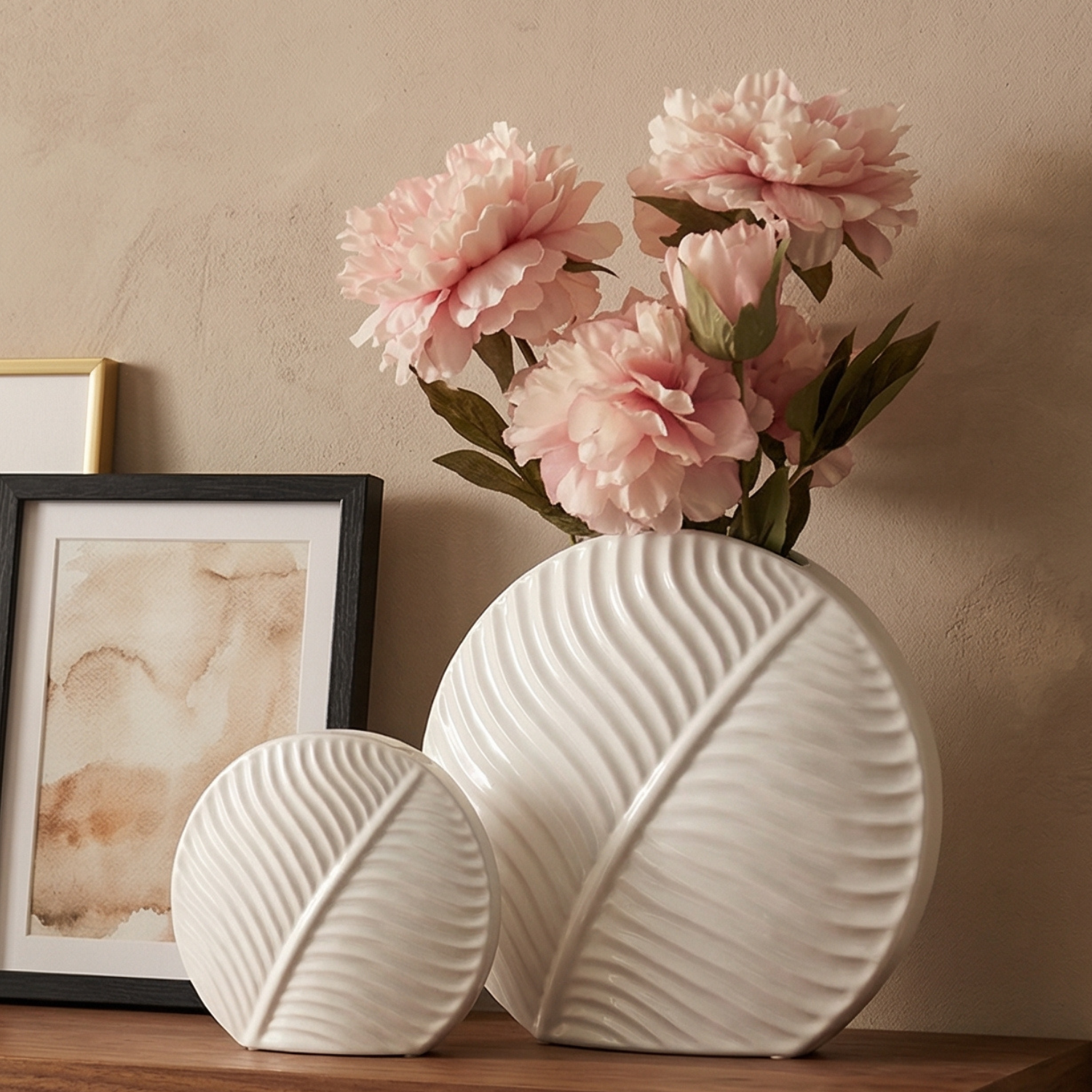 White Ceramic Leaf Vase | Nordic Flat Vase for Home Decor | Boho Flower Vase | Small Medium Large
