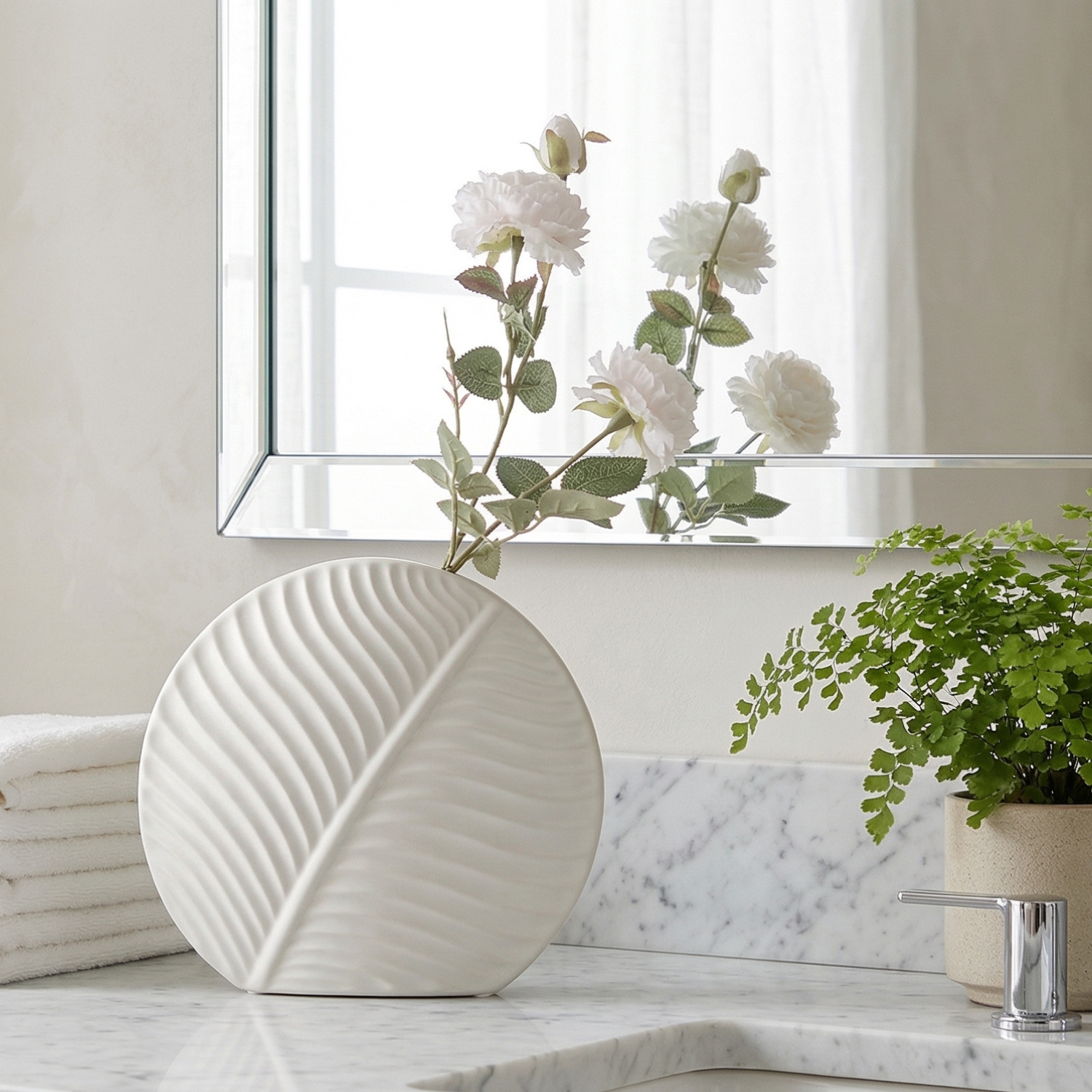 White Ceramic Leaf Vase | Nordic Flat Vase for Home Decor | Boho Flower Vase | Small Medium Large
