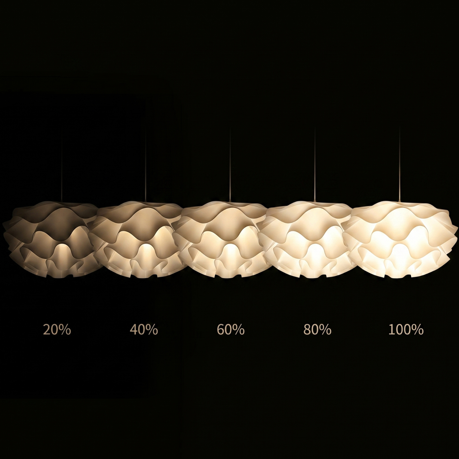 Petal cloud chandelier showing brightness levels 20%–100% across multiple shades
