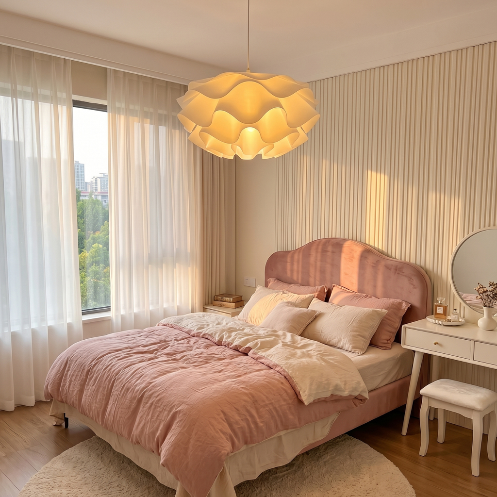 Petal cloud pendant chandelier with layered white petals and warm glowing shade